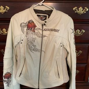 Harley Davidson white leather riding jacket with rose embroidery